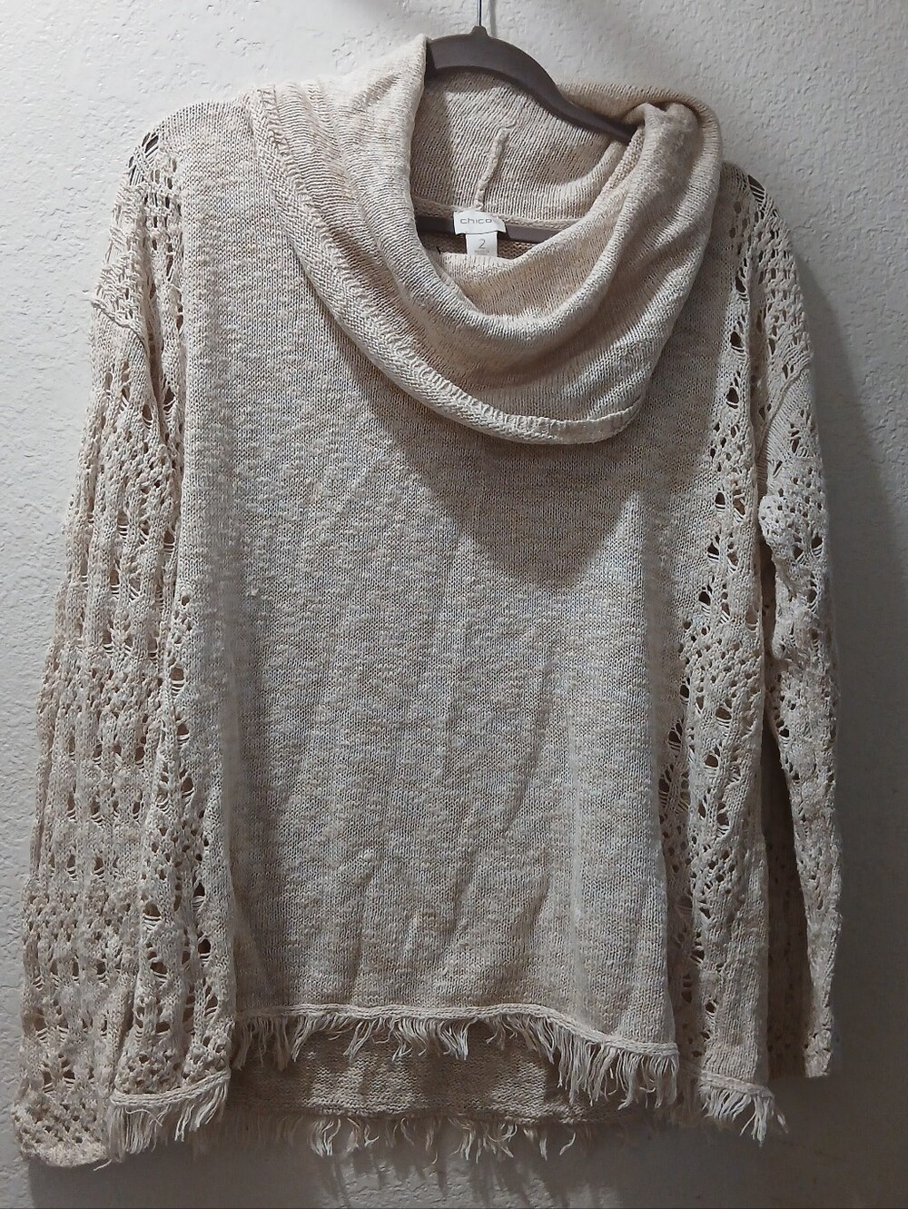 Chico's Nwot size 2 chicos Cream Crochet-Sleeve Cowl Neck Sweater